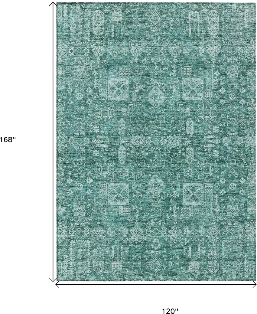 Dark Green And Aqua Oriental Washable Indoor Outdoor Area Rug Photo 3