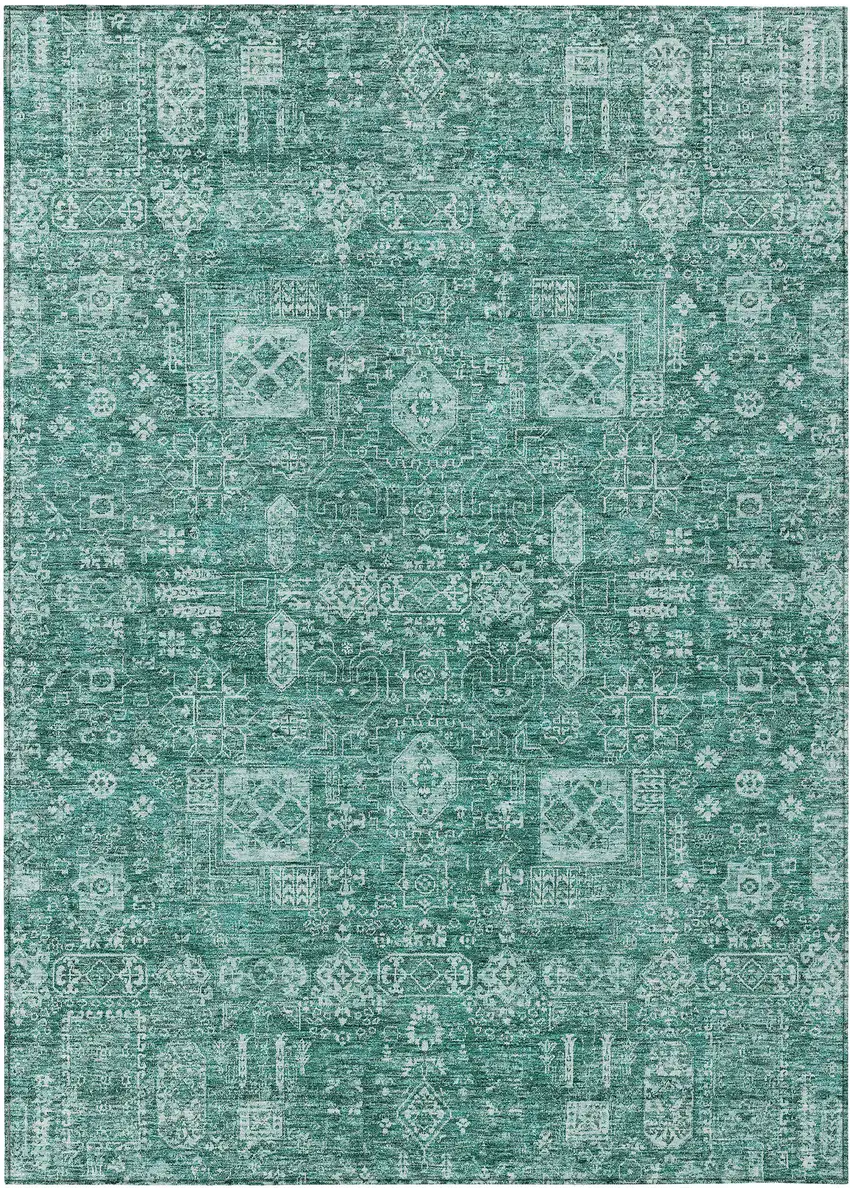 Dark Green And Aqua Oriental Washable Indoor Outdoor Area Rug Photo 2