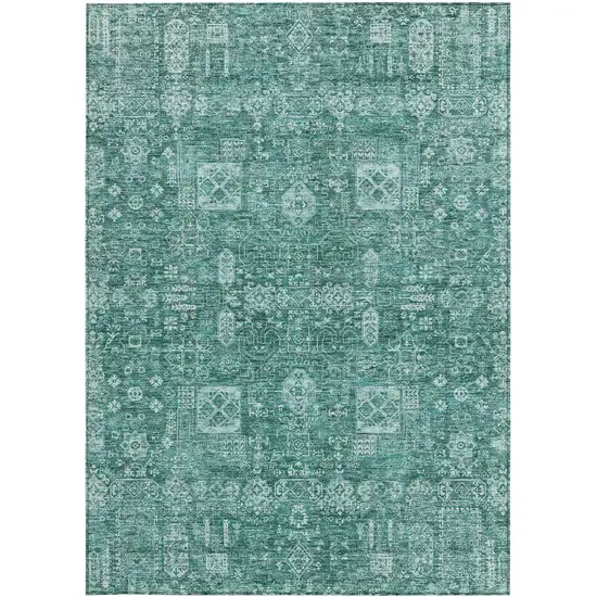 Dark Green And Aqua Oriental Washable Indoor Outdoor Area Rug Photo 7