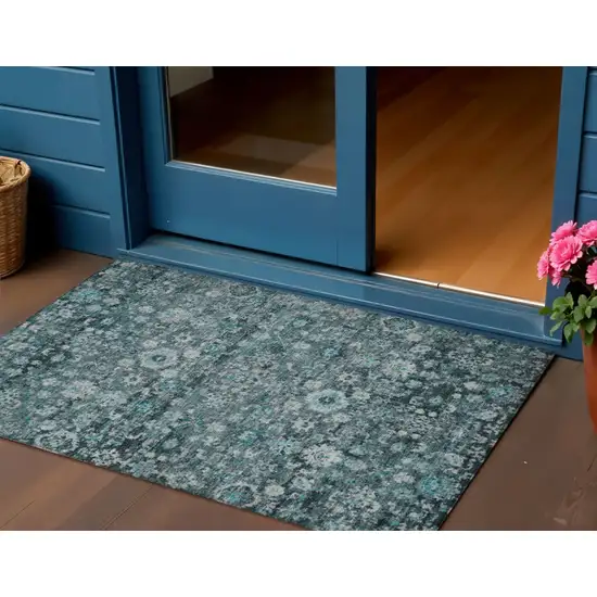 Dark Green Aqua And Charcoal Oriental Washable Indoor Outdoor Area Rug Photo 1