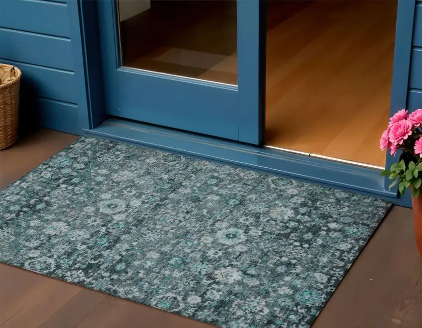 Dark Green Aqua And Charcoal Oriental Washable Indoor Outdoor Area Rug Photo 1