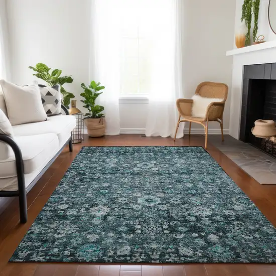 Dark Green Aqua And Charcoal Oriental Washable Indoor Outdoor Area Rug Photo 9