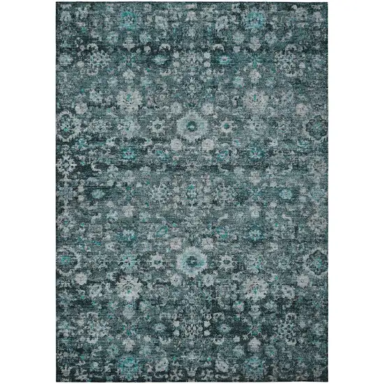 Dark Green Aqua And Charcoal Oriental Washable Indoor Outdoor Area Rug Photo 2