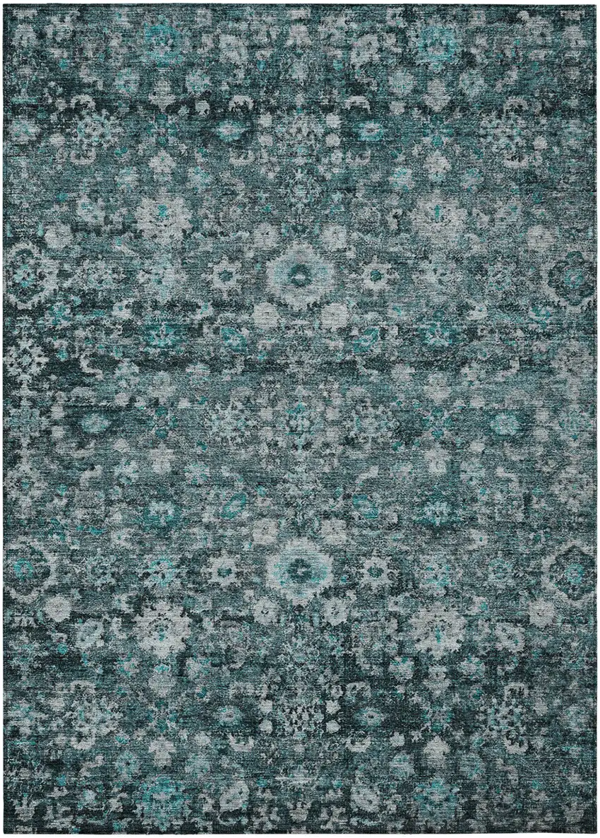 Dark Green Aqua And Charcoal Oriental Washable Indoor Outdoor Area Rug Photo 2