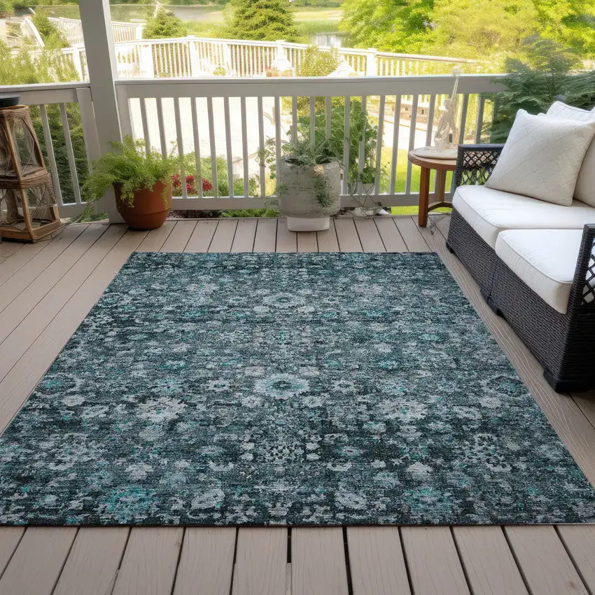 Dark Green Aqua And Charcoal Oriental Washable Indoor Outdoor Area Rug Photo 8