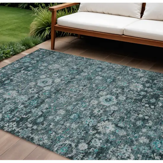 Dark Green Aqua And Charcoal Oriental Washable Indoor Outdoor Area Rug Photo 1