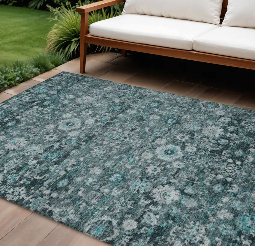Dark Green Aqua And Charcoal Oriental Washable Indoor Outdoor Area Rug Photo 1