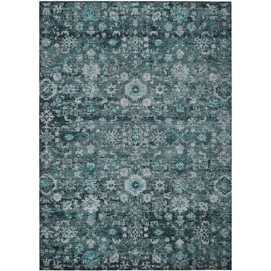 Dark Green Aqua And Charcoal Oriental Washable Indoor Outdoor Area Rug Photo 2