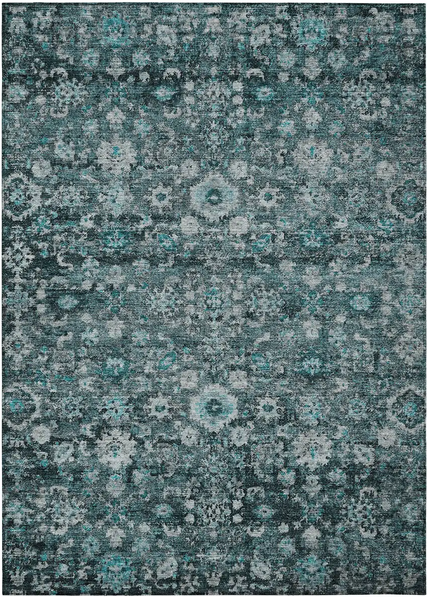 Dark Green Aqua And Charcoal Oriental Washable Indoor Outdoor Area Rug Photo 2