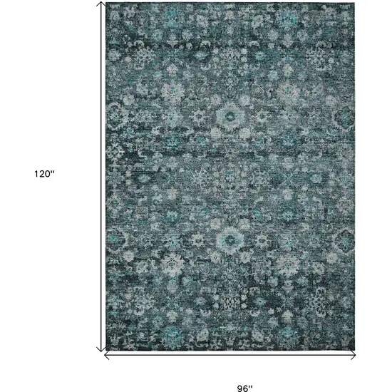 Dark Green Aqua And Charcoal Oriental Washable Indoor Outdoor Area Rug Photo 3