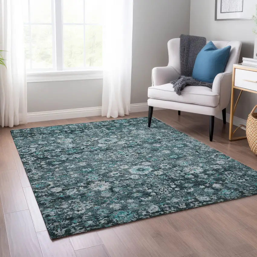 Dark Green Aqua And Charcoal Oriental Washable Indoor Outdoor Area Rug Photo 9