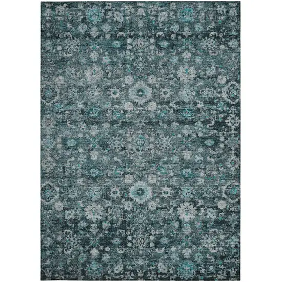 Dark Green Aqua And Charcoal Oriental Washable Indoor Outdoor Area Rug Photo 4