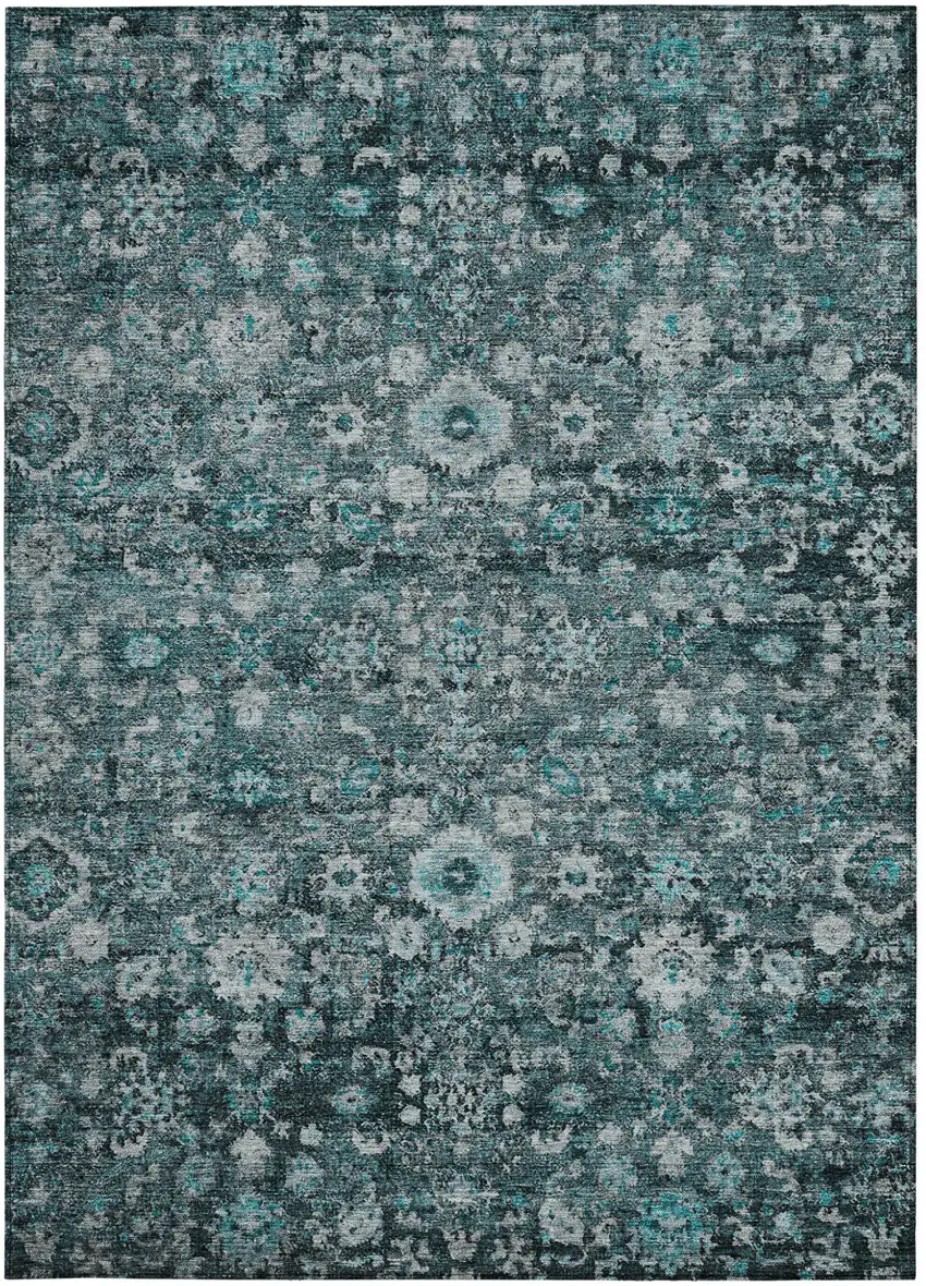 Dark Green Aqua And Charcoal Oriental Washable Indoor Outdoor Area Rug Photo 4