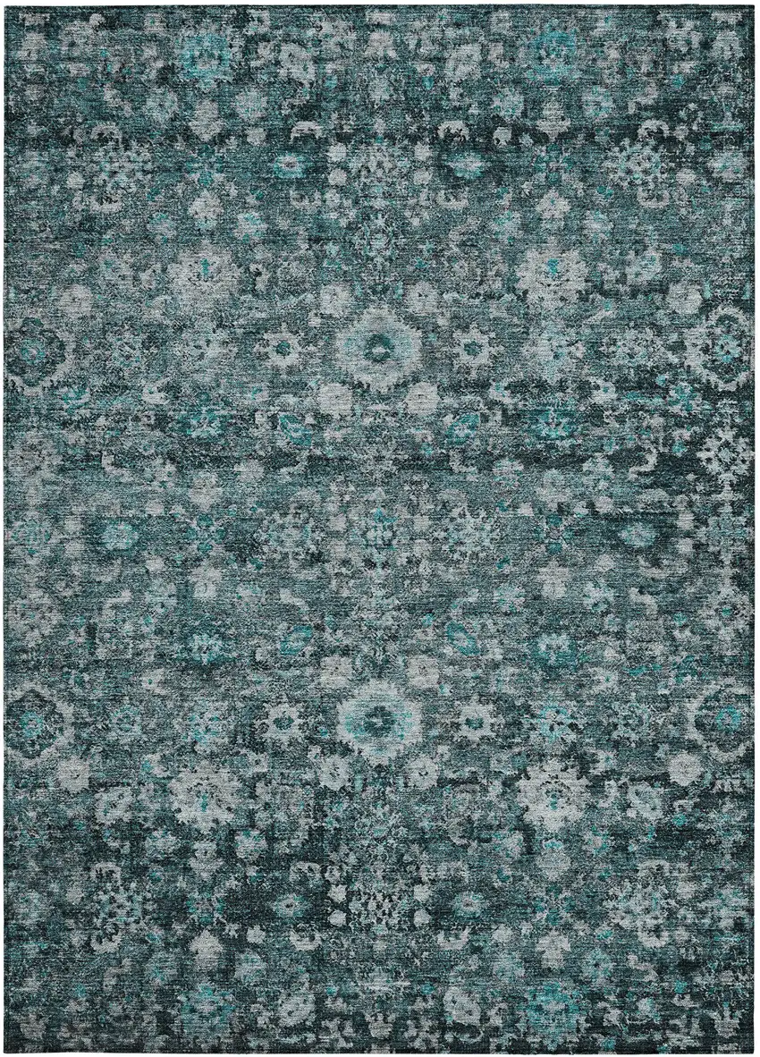 Dark Green Aqua And Charcoal Oriental Washable Indoor Outdoor Area Rug Photo 4