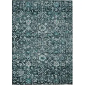 Photo of Dark Green Aqua And Charcoal Oriental Washable Indoor Outdoor Area Rug