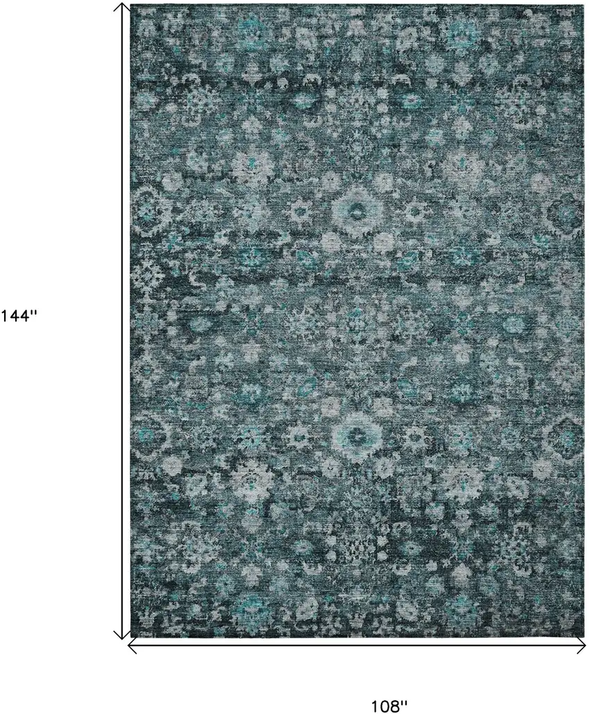 Dark Green Aqua And Charcoal Oriental Washable Indoor Outdoor Area Rug Photo 7
