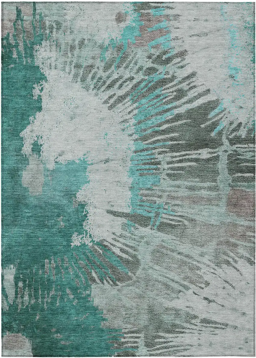 Dark Green Aqua And Gray Abstract Washable Indoor Outdoor Area Rug Photo 2
