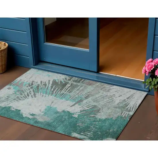 Dark Green Aqua And Gray Abstract Washable Indoor Outdoor Area Rug Photo 1
