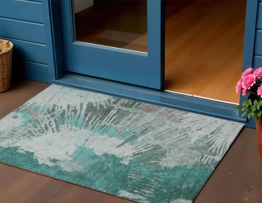 Dark Green Aqua And Gray Abstract Washable Indoor Outdoor Area Rug Photo 1