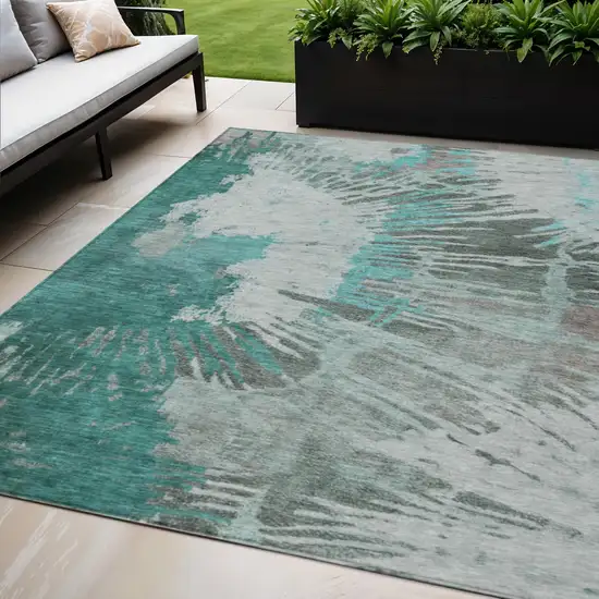 Dark Green Aqua And Gray Abstract Washable Indoor Outdoor Area Rug Photo 1