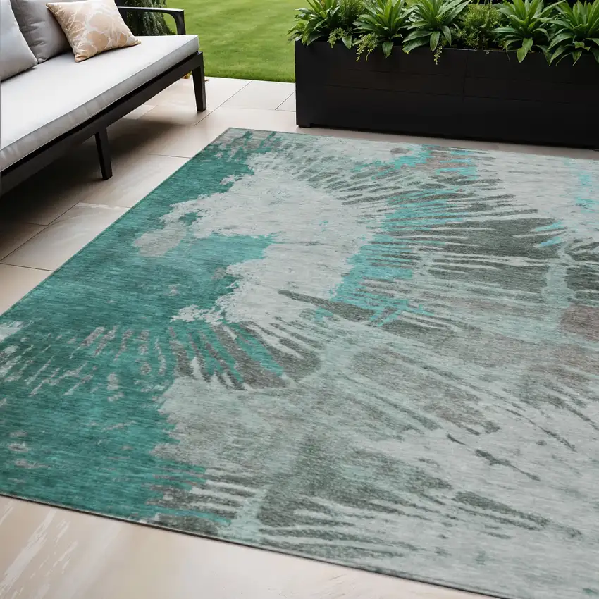Dark Green Aqua And Gray Abstract Washable Indoor Outdoor Area Rug Photo 1