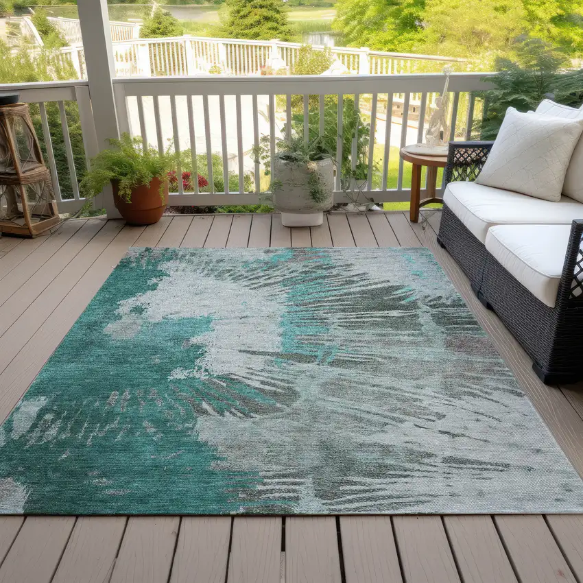 Dark Green Aqua And Gray Abstract Washable Indoor Outdoor Area Rug Photo 8