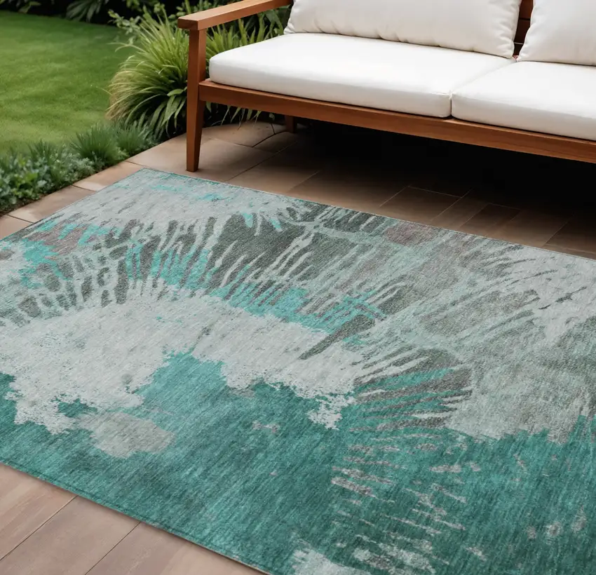 Dark Green Aqua And Gray Abstract Washable Indoor Outdoor Area Rug Photo 1