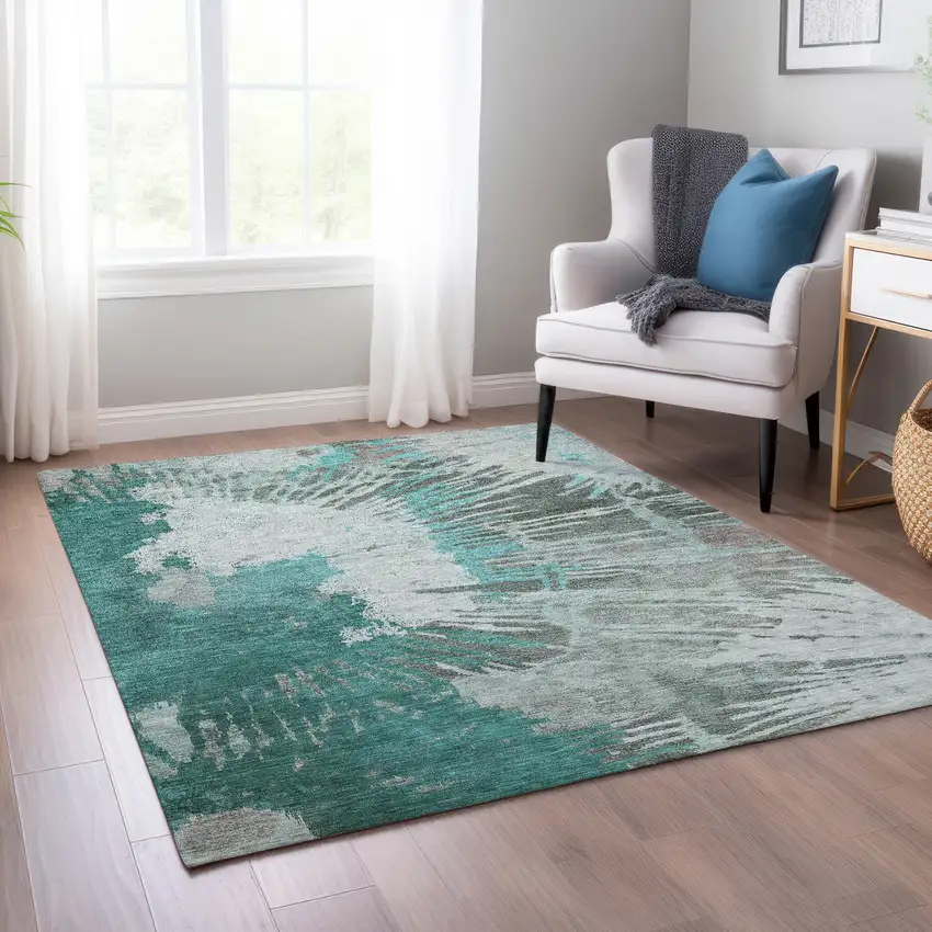 Dark Green Aqua And Gray Abstract Washable Indoor Outdoor Area Rug Photo 9