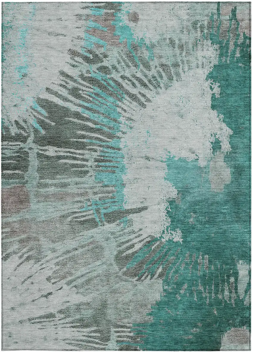 Dark Green Aqua And Gray Abstract Washable Indoor Outdoor Area Rug Photo 7