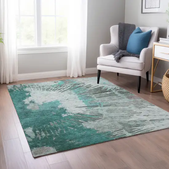 Dark Green Aqua And Gray Abstract Washable Indoor Outdoor Area Rug Photo 9