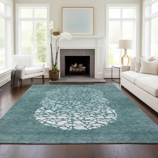 Dark Green Aqua And Ivory Abstract Washable Indoor Outdoor Area Rug Photo 7