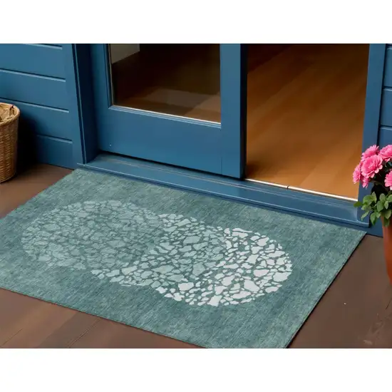 Dark Green Aqua And Ivory Abstract Washable Indoor Outdoor Area Rug Photo 1
