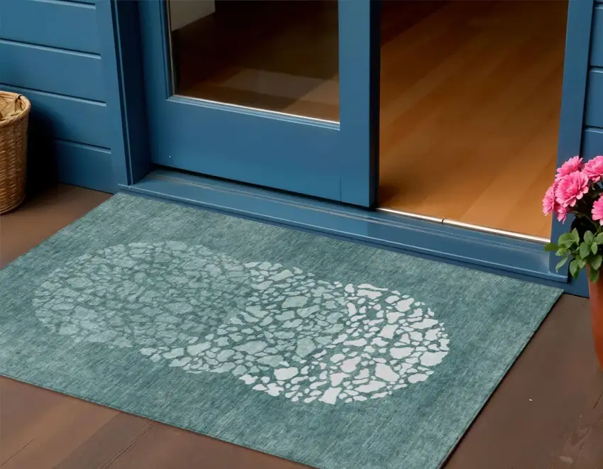 Dark Green Aqua And Ivory Abstract Washable Indoor Outdoor Area Rug Photo 1
