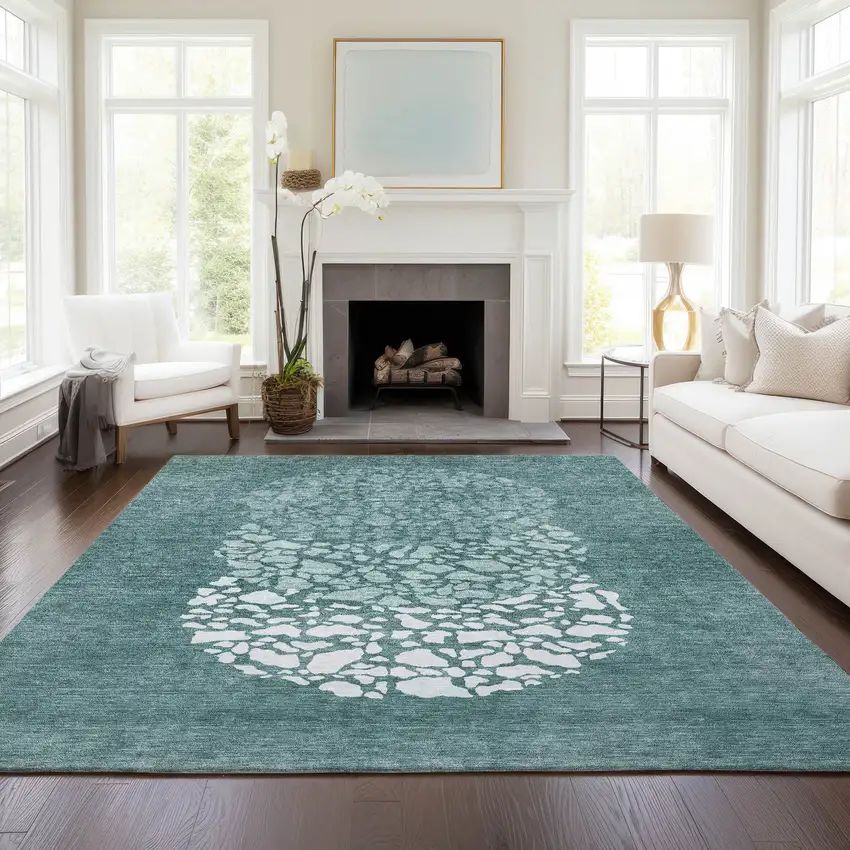 Dark Green Aqua And Ivory Abstract Washable Indoor Outdoor Area Rug Photo 8