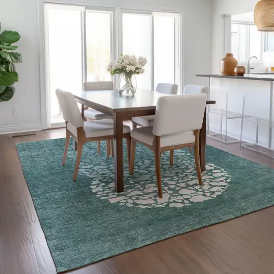 Dark Green Aqua And Ivory Abstract Washable Indoor Outdoor Area Rug Photo 9