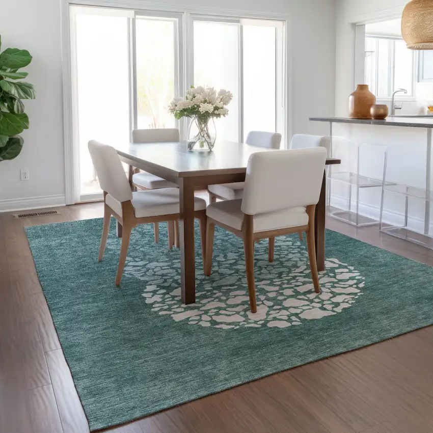 Dark Green Aqua And Ivory Abstract Washable Indoor Outdoor Area Rug Photo 9