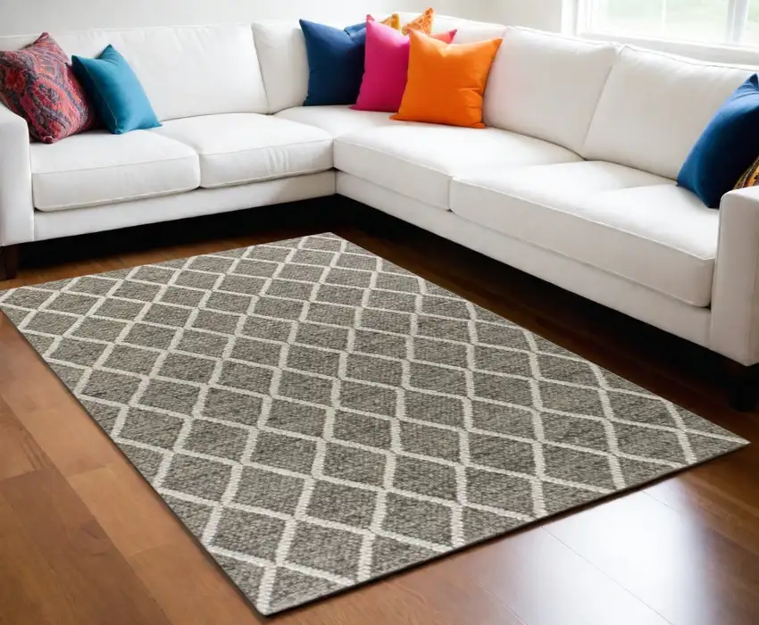 Dark Gray and Ivory Wool Diamond Hand Woven Berber Area Rug Photo 1