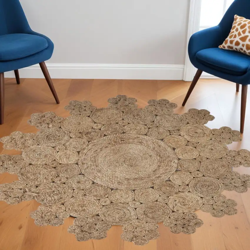 6' Natural Jute Abstract Geometric Hand Braided Round Rug Photo 1