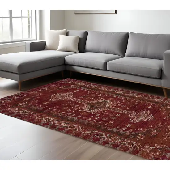 Brown Dark Red And Ivory Geometric Distressed Area Rug Photo 2
