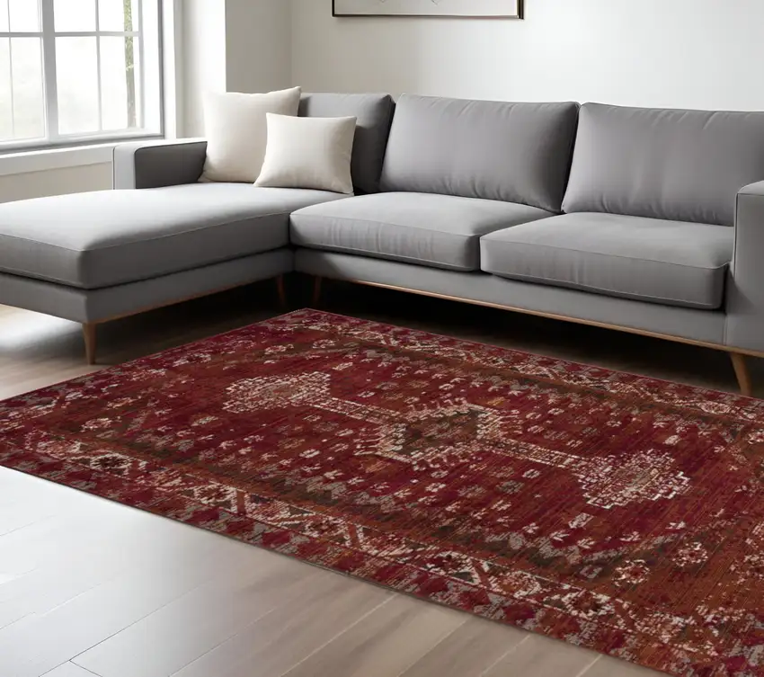 Brown Dark Red And Ivory Geometric Distressed Area Rug Photo 2