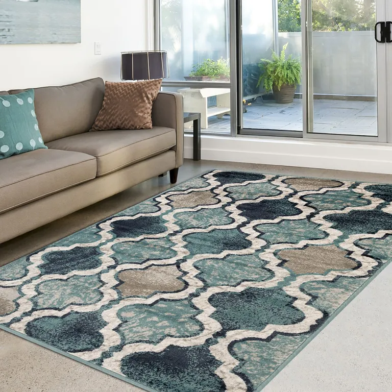 Deep Royal Quatrefoil Power Loom Distressed Stain Resistant Area Rug Photo 5