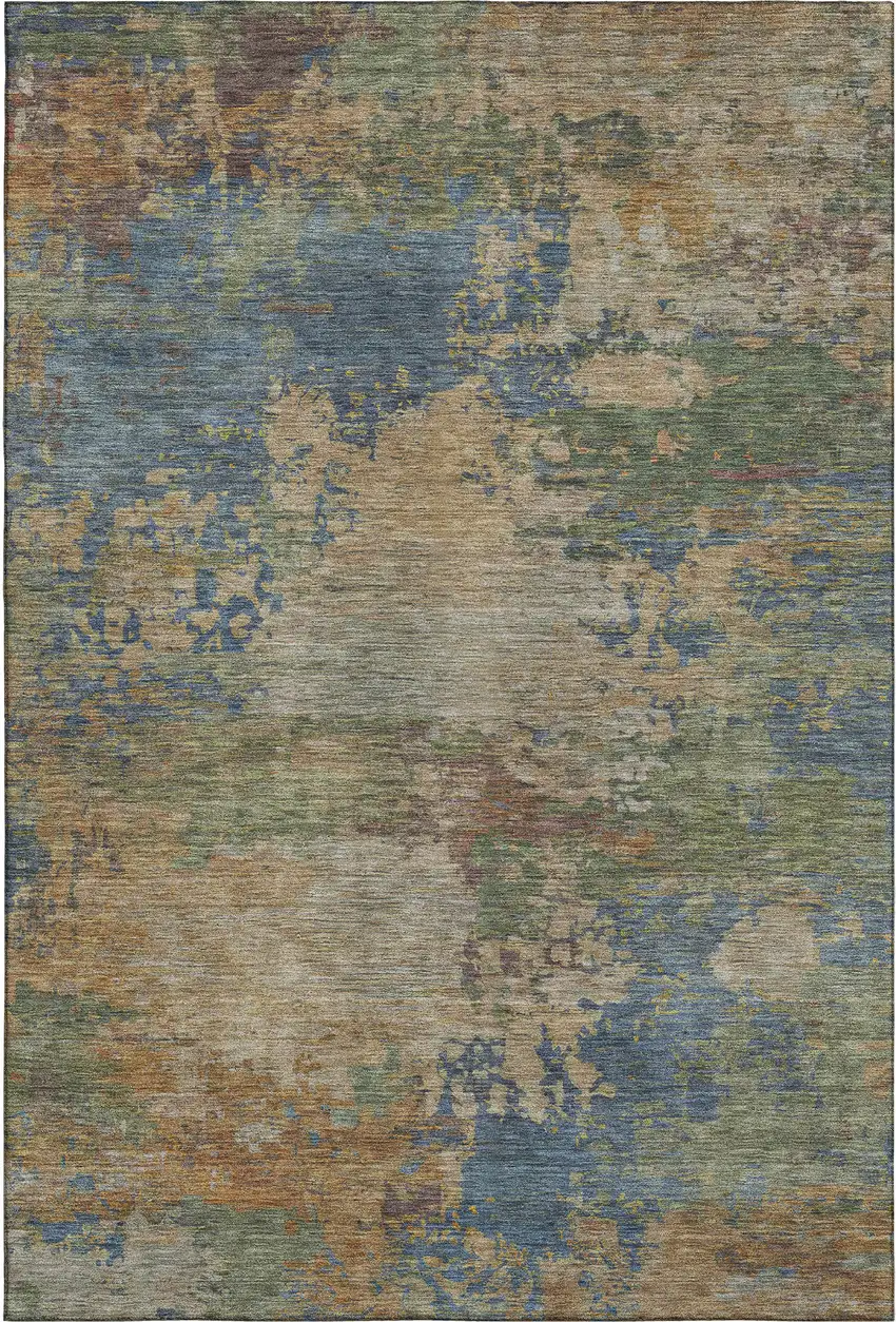 Denim Blue And Beige Abstract Washable Area Rug With UV Protection Photo 1