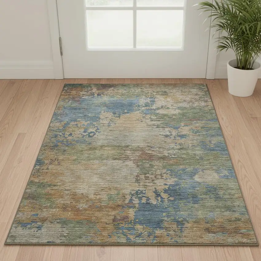Denim Blue And Beige Abstract Washable Area Rug With UV Protection Photo 2