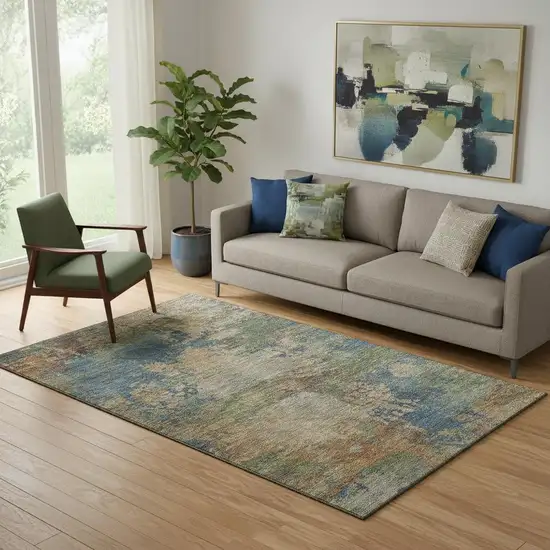 Denim Blue And Beige Abstract Washable Area Rug With UV Protection Photo 2