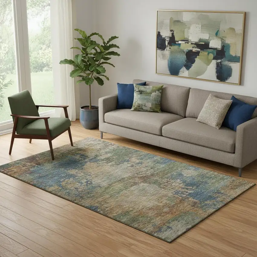 Denim Blue And Beige Abstract Washable Area Rug With UV Protection Photo 2
