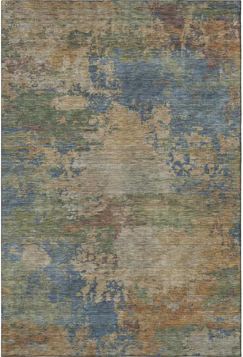 Denim Blue And Beige Abstract Washable Area Rug With UV Protection Photo 3