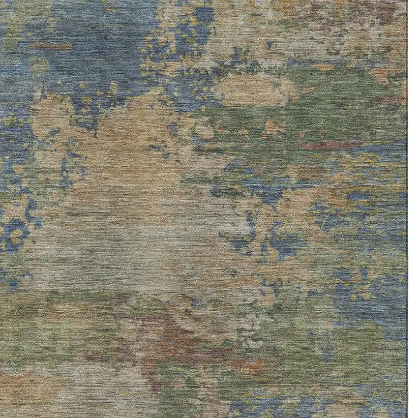 Denim Blue And Beige Abstract Washable Area Rug With UV Protection Photo 3