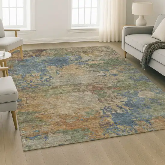 Denim Blue And Beige Abstract Washable Area Rug With UV Protection Photo 6