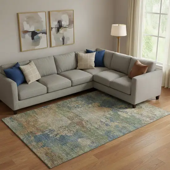 Denim Blue And Beige Abstract Washable Area Rug With UV Protection Photo 2