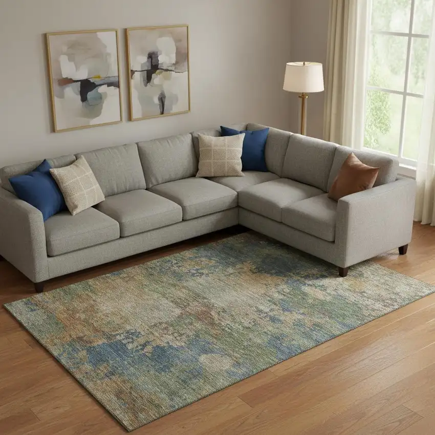 Denim Blue And Beige Abstract Washable Area Rug With UV Protection Photo 2